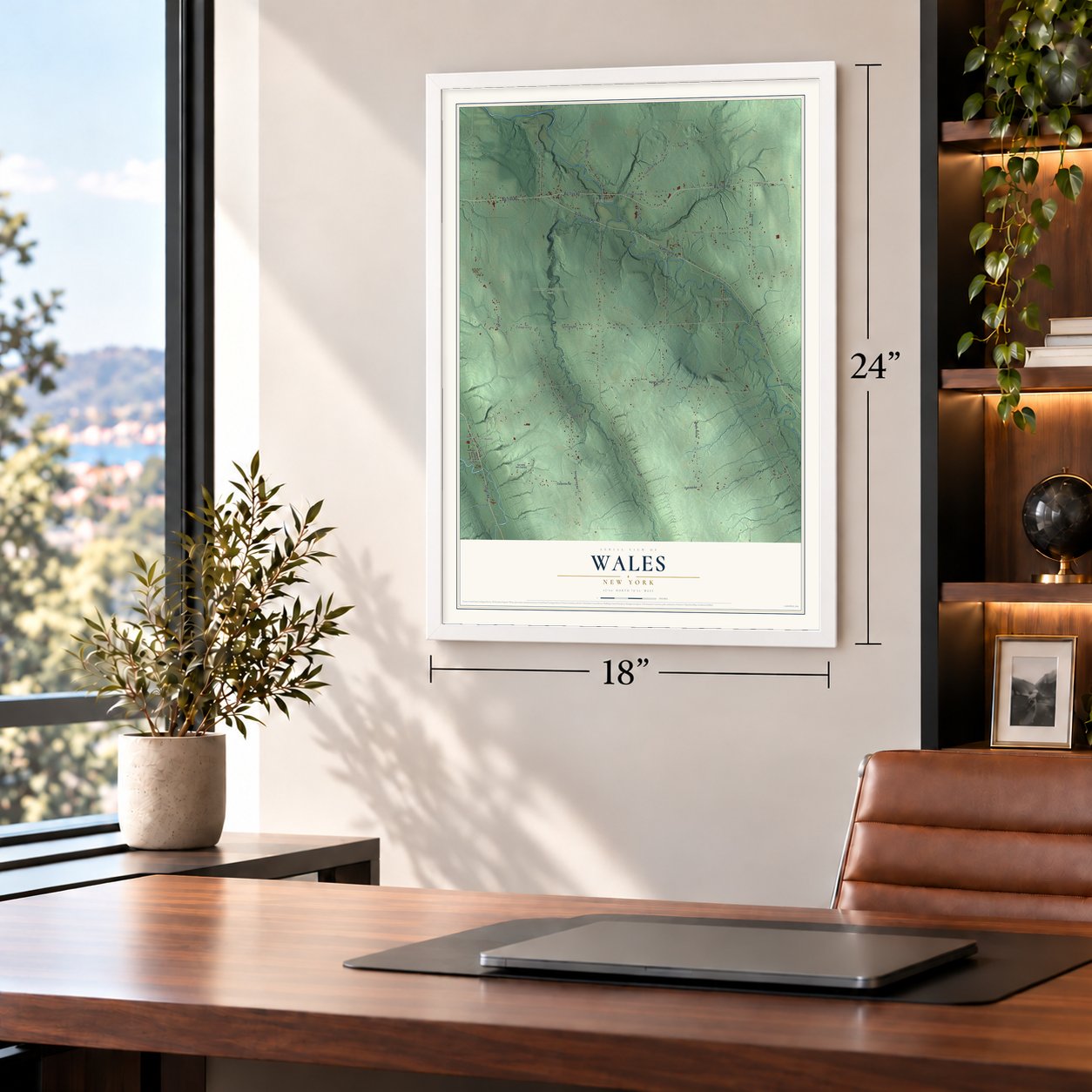 Wales, New York map, 18 x 24 inch print in a white frame in a home office