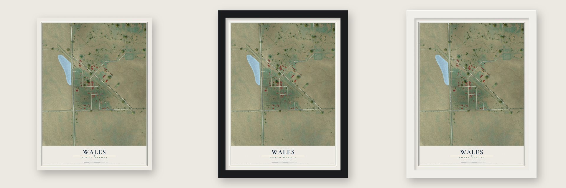 Wales, North Dakota map unframed, in a black wood frame and in a white wood frame