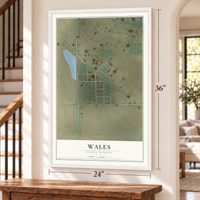 Wales, North Dakota map, 24 x 36 inch print in a white frame by a staircase