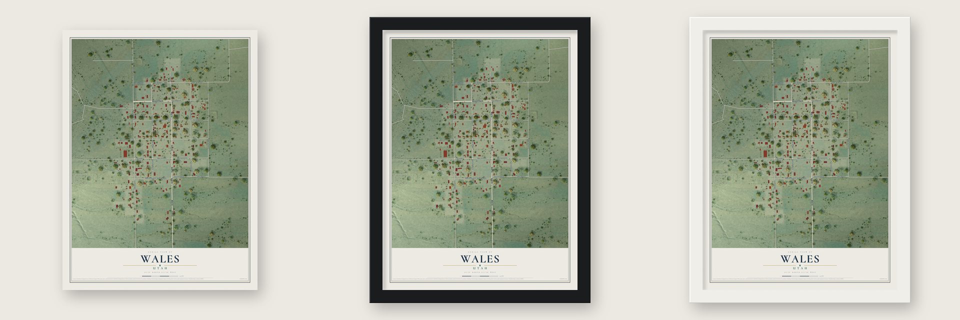 Wales, Utah map unframed, in a black wood frame and in a white wood frame