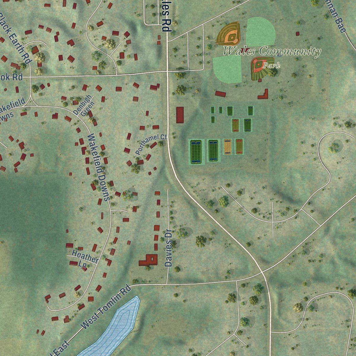 Second close-up of the map of Wales, Wisconsin print showing more streets and buildings