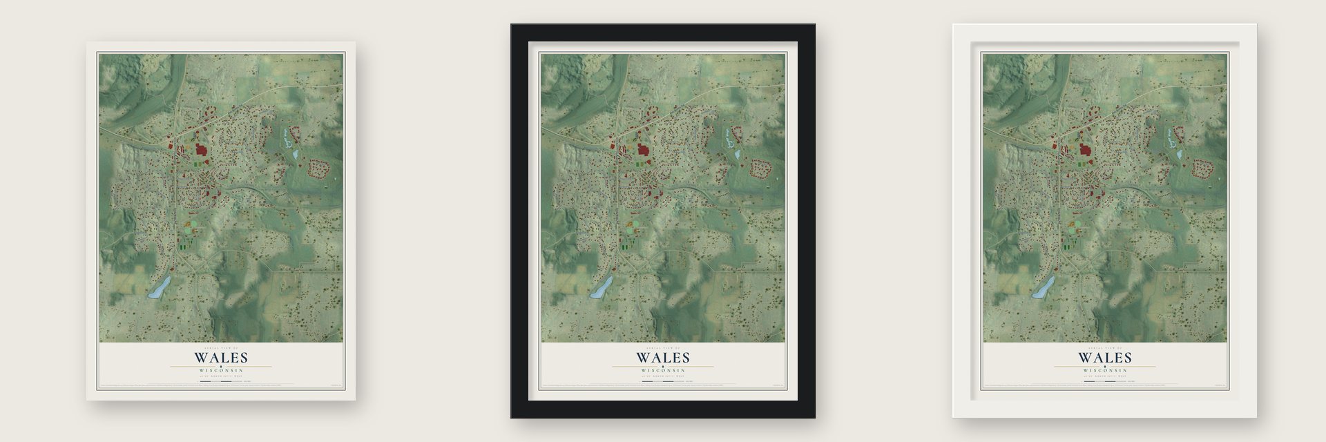 Wales, Wisconsin map unframed, in a black wood frame and in a white wood frame