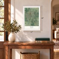 Wales, Wisconsin map, 12 x 18 inch print in a white frame in an entryway