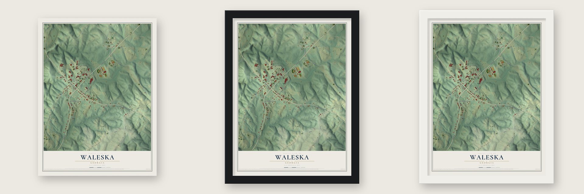 Waleska, Georgia map unframed, in a black wood frame and in a white wood frame