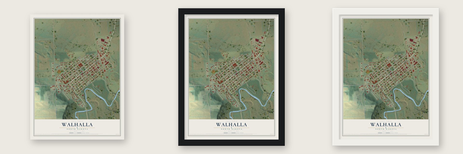 Walhalla, North Dakota map unframed, in a black wood frame and in a white wood frame