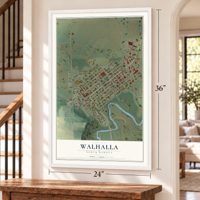 Walhalla, North Dakota map, 24 x 36 inch print in a white frame by a staircase