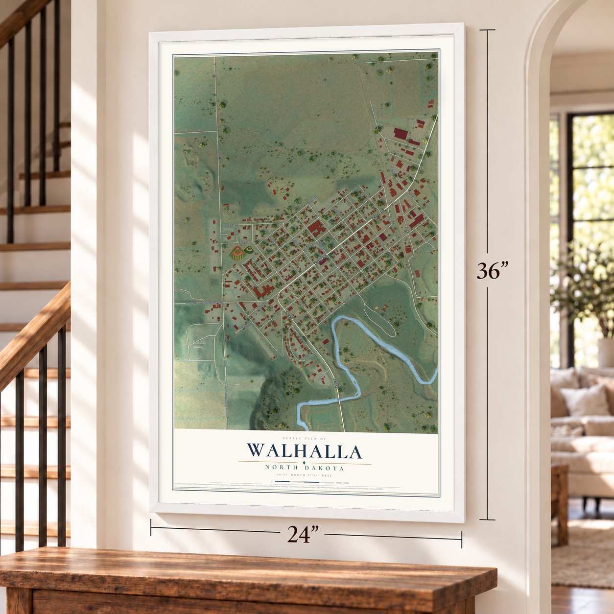 Walhalla, North Dakota map, 24 x 36 inch print in a white frame by a staircase