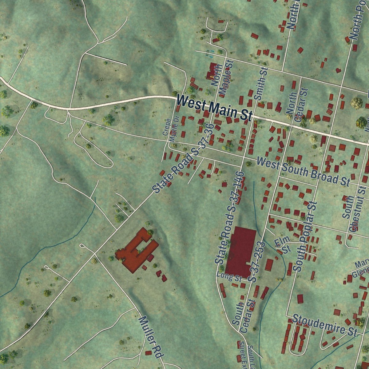 Second close-up of the map of Walhalla, South Carolina print showing more streets and buildings