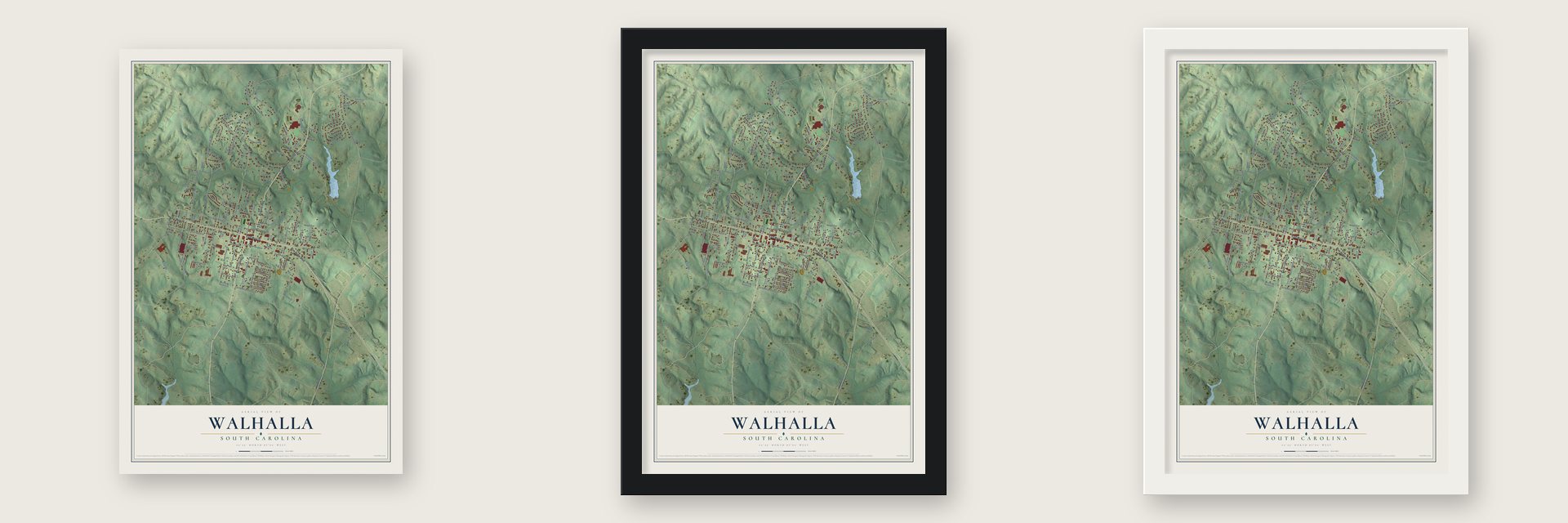 Walhalla, South Carolina map unframed, in a black wood frame and in a white wood frame