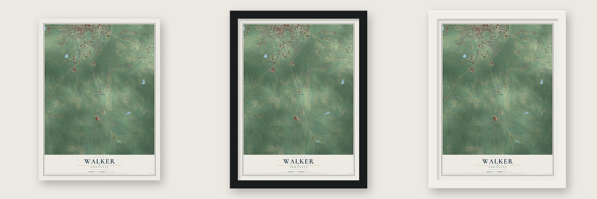 Walker, Arkansas map unframed, in a black wood frame and in a white wood frame