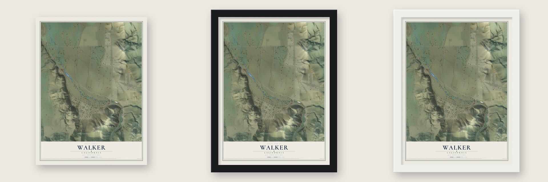Walker, California map unframed, in a black wood frame and in a white wood frame