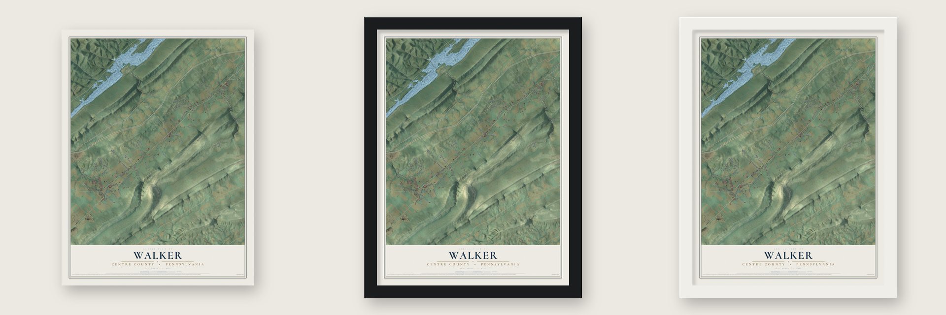Walker, Centre County, Pennsylvania map unframed, in a black wood frame and in a white wood frame