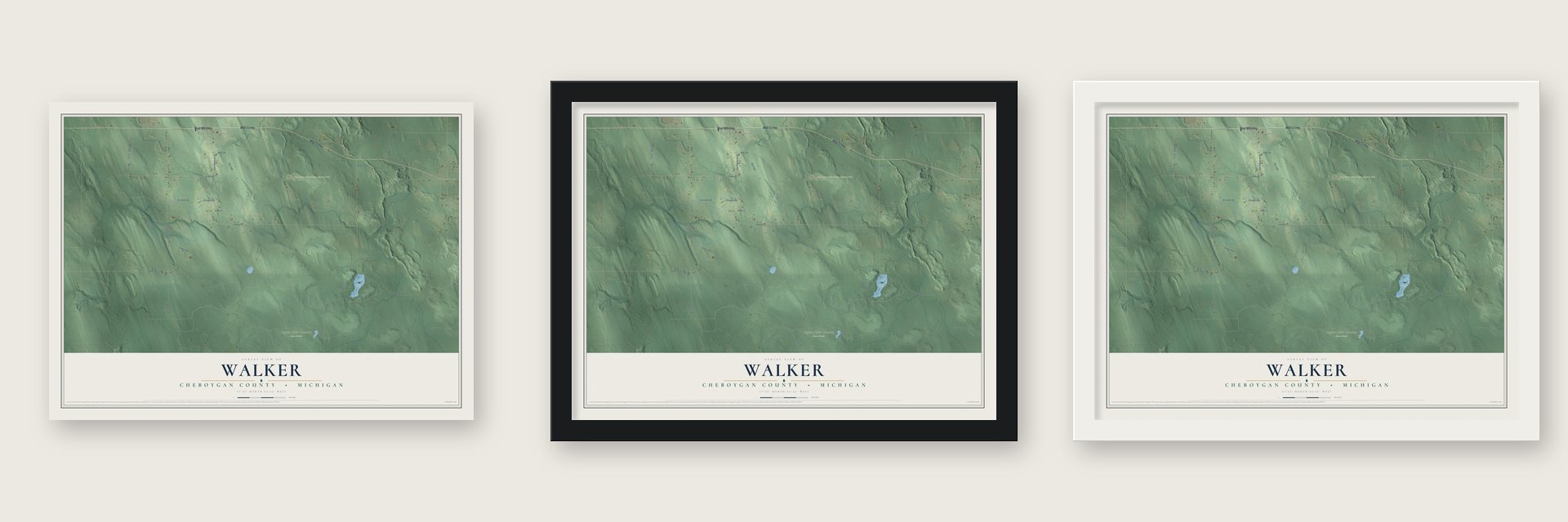 Walker, Cheboygan County, Michigan map unframed, in a black wood frame and in a white wood frame
