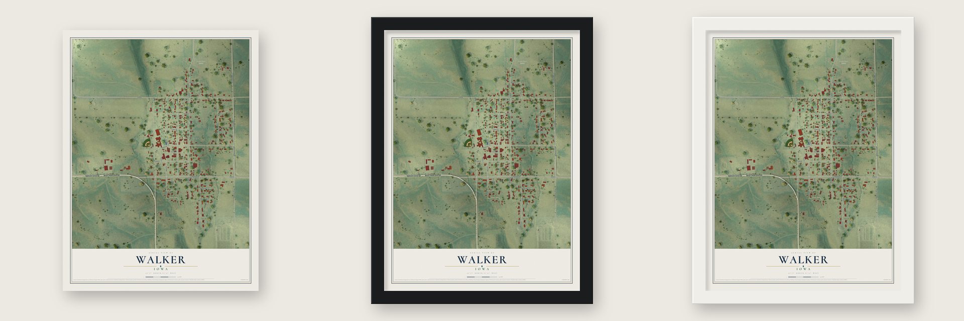 Walker, Iowa map unframed, in a black wood frame and in a white wood frame