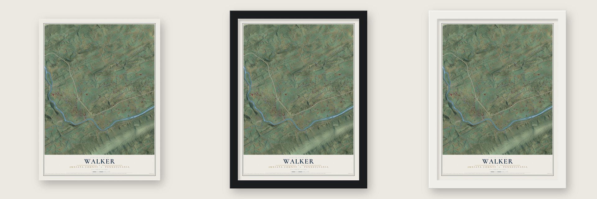 Walker, Juniata County, Pennsylvania map unframed, in a black wood frame and in a white wood frame