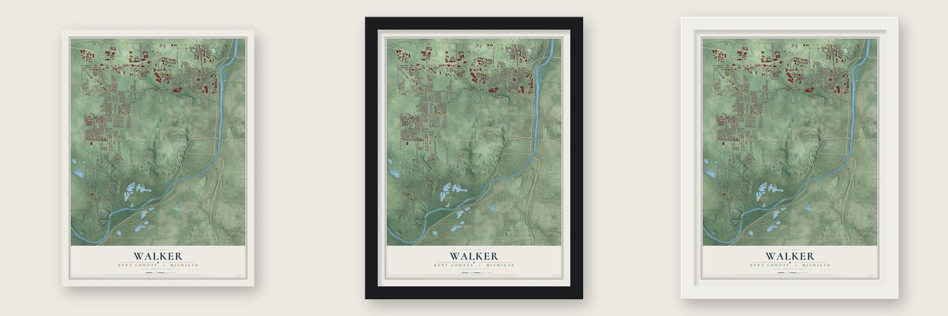 Walker, Kent County, Michigan map unframed, in a black wood frame and in a white wood frame