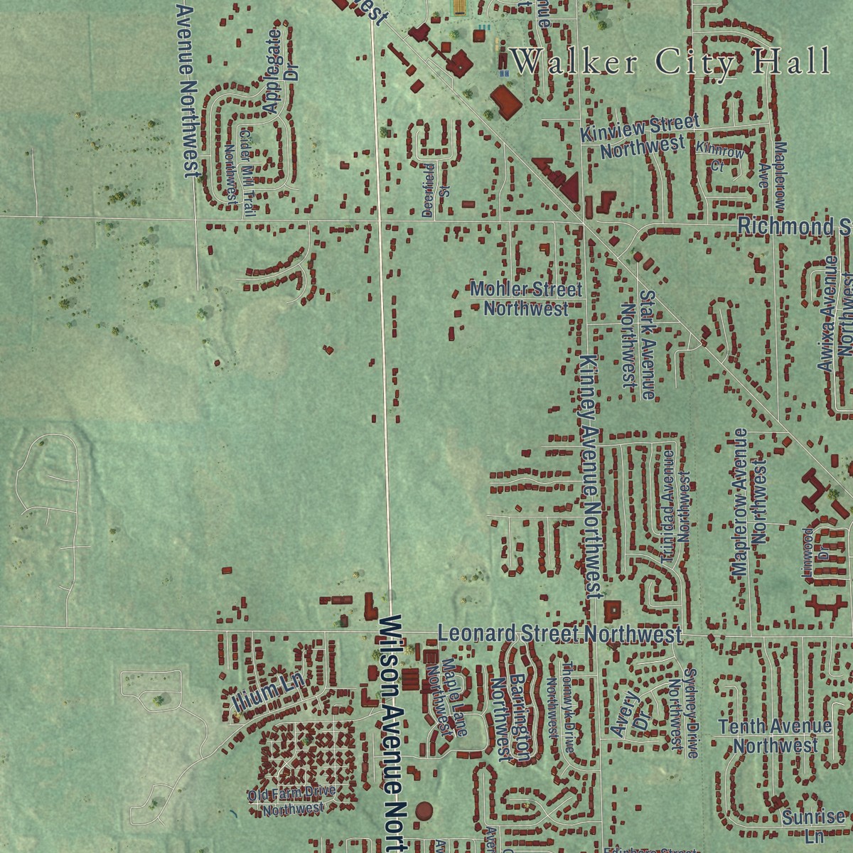 Second close-up of the map of Walker, Kent County, Michigan print showing more streets and buildings