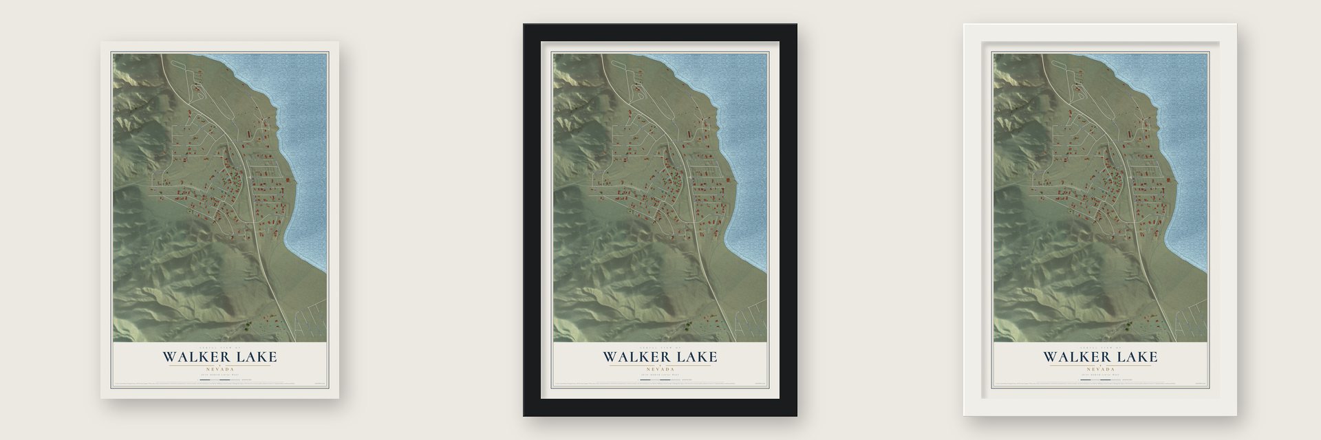 Walker Lake, Nevada map unframed, in a black wood frame and in a white wood frame