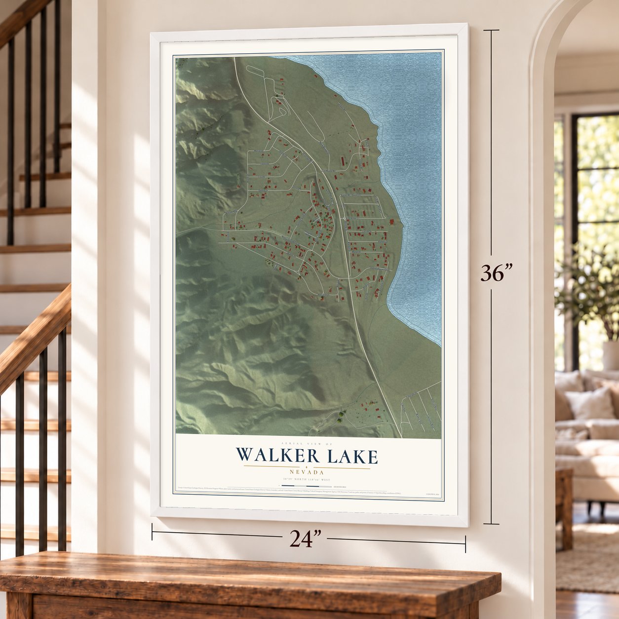 Walker Lake, Nevada map, 24 x 36 inch print in a white frame by a staircase