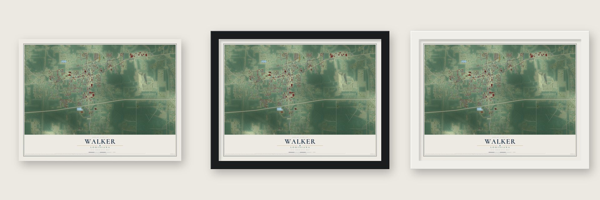 Walker, Louisiana map unframed, in a black wood frame and in a white wood frame