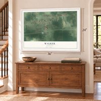 Walker, Louisiana map, 24 x 36 inch print in a white frame above a dresser by a staircase