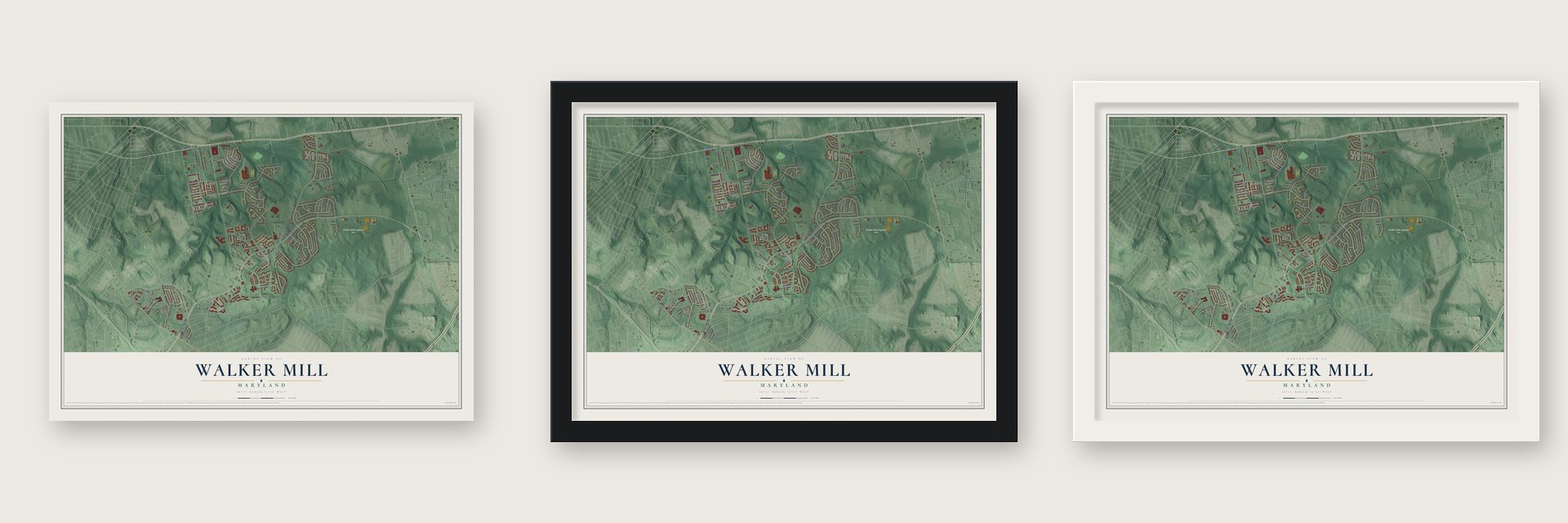 Walker Mill, Maryland map unframed, in a black wood frame and in a white wood frame