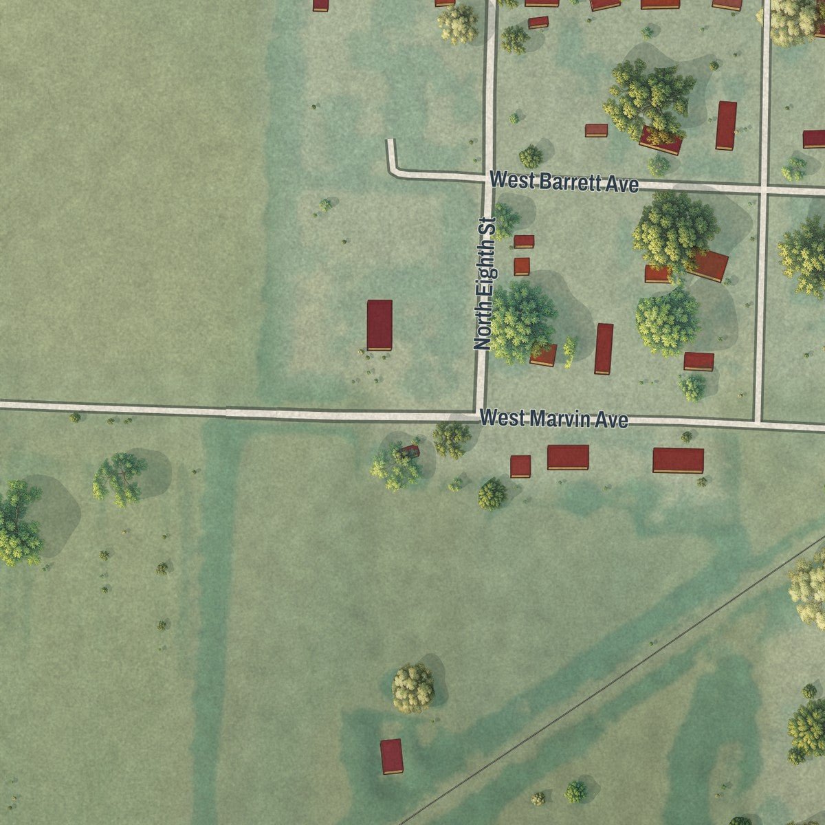 Second close-up of the map of Walker, Missouri print showing more streets and buildings