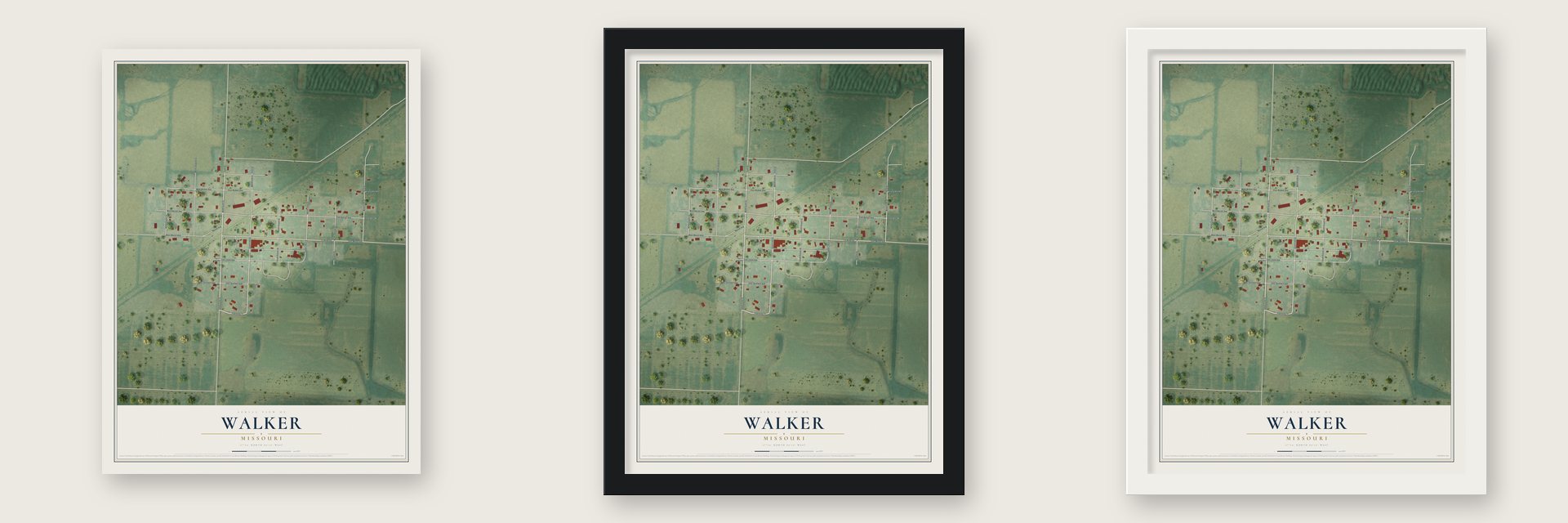 Walker, Missouri map unframed, in a black wood frame and in a white wood frame