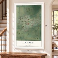 Walker, Missouri map, 24 x 36 inch print in a white frame by a staircase