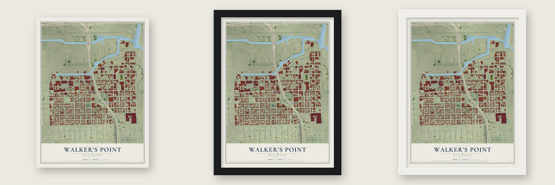 Walker's Point, Wisconsin map unframed, in a black wood frame and in a white wood frame