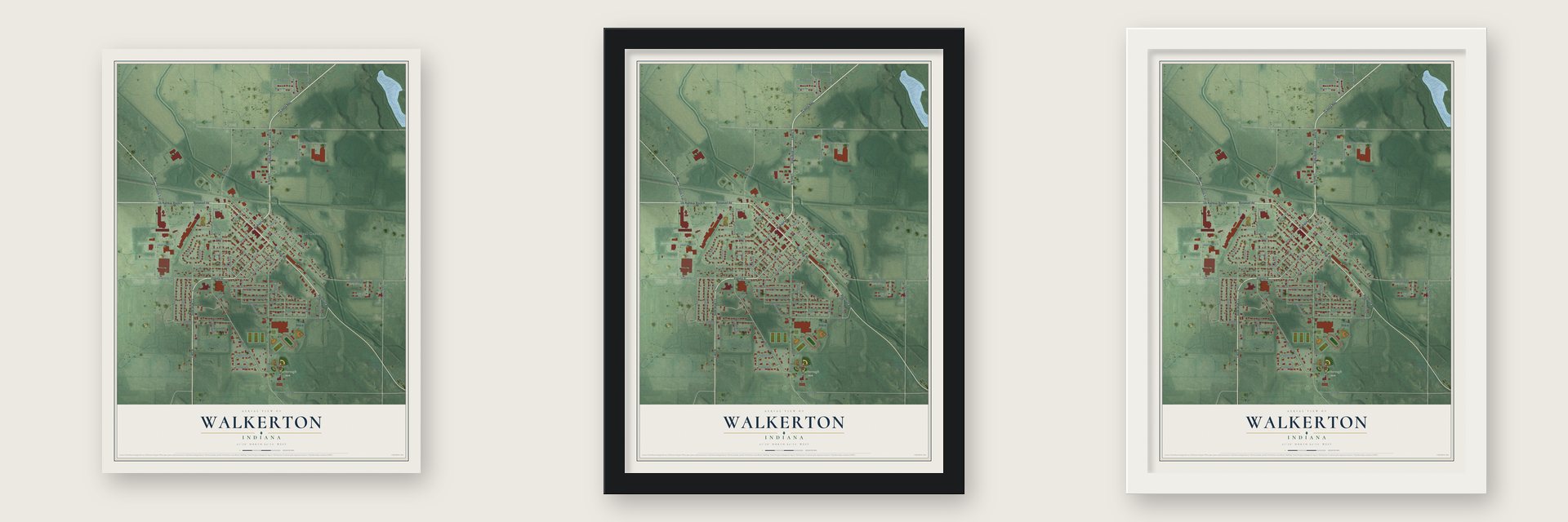Walkerton, Indiana map unframed, in a black wood frame and in a white wood frame