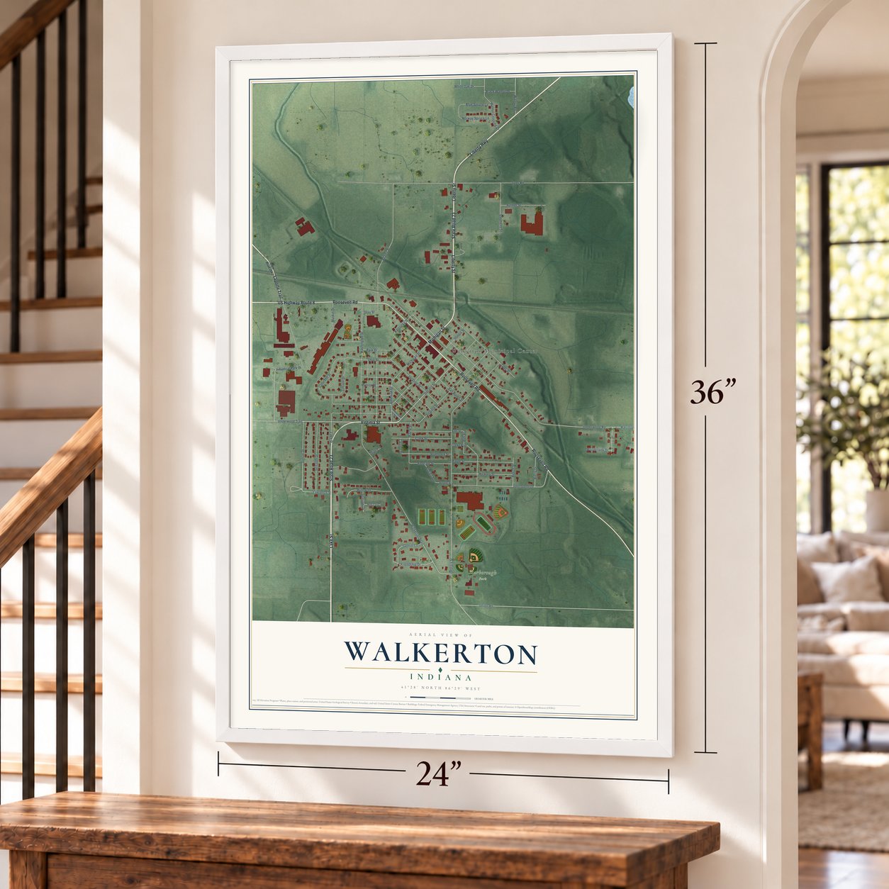 Walkerton, Indiana map, 24 x 36 inch print in a white frame by a staircase