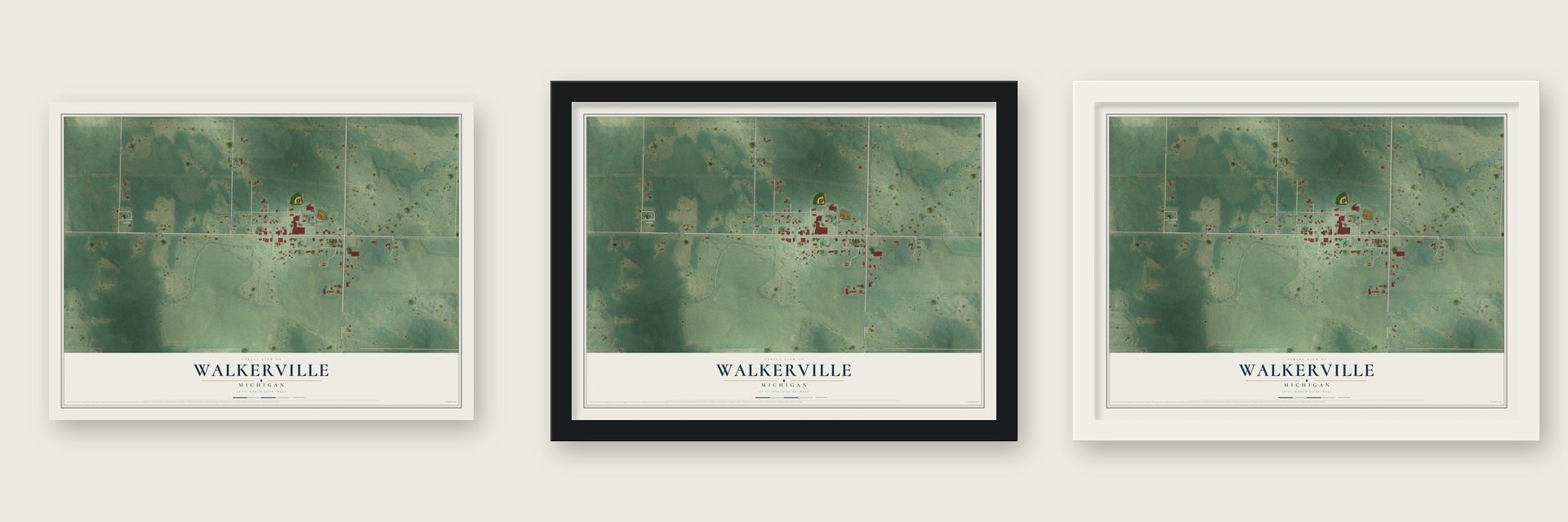 Walkerville, Michigan map unframed, in a black wood frame and in a white wood frame