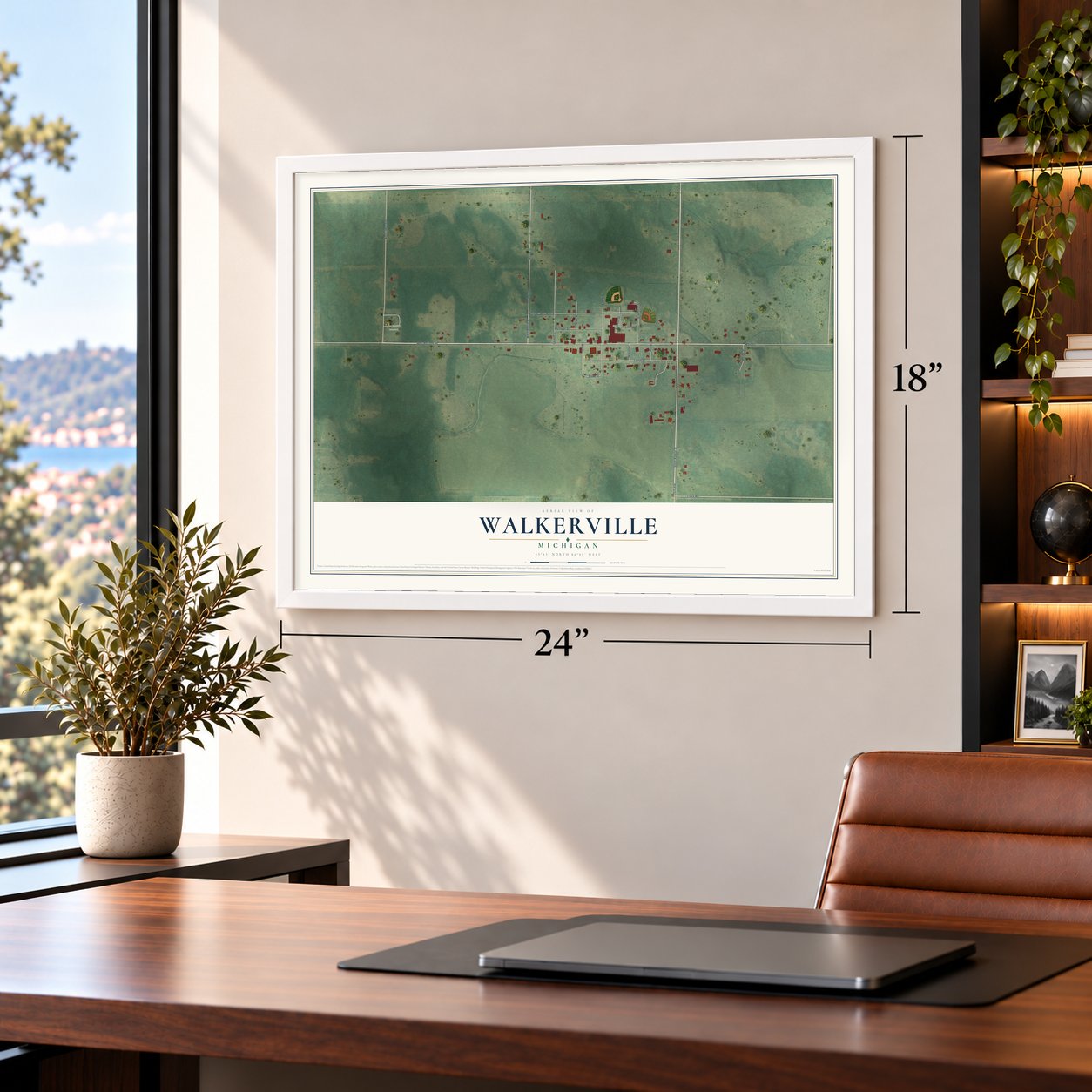 Walkerville, Michigan map, 18 x 24 inch print in a white frame in a home office