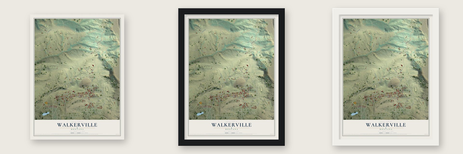 Walkerville, Montana map unframed, in a black wood frame and in a white wood frame