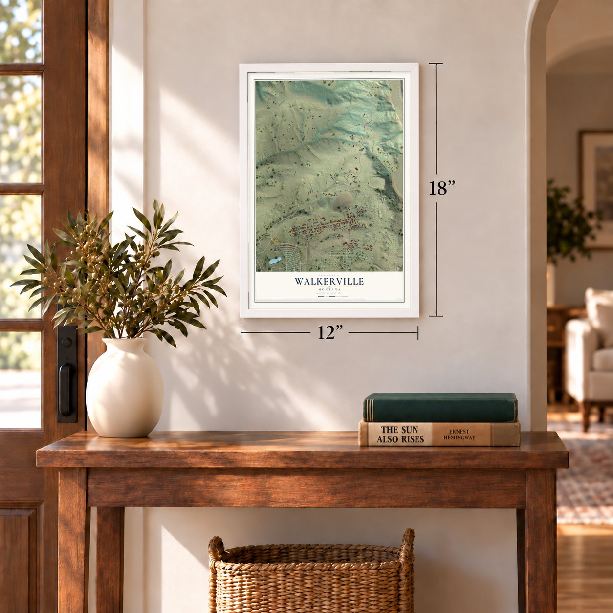 Walkerville, Montana map, 12 x 18 inch print in a white frame in an entryway