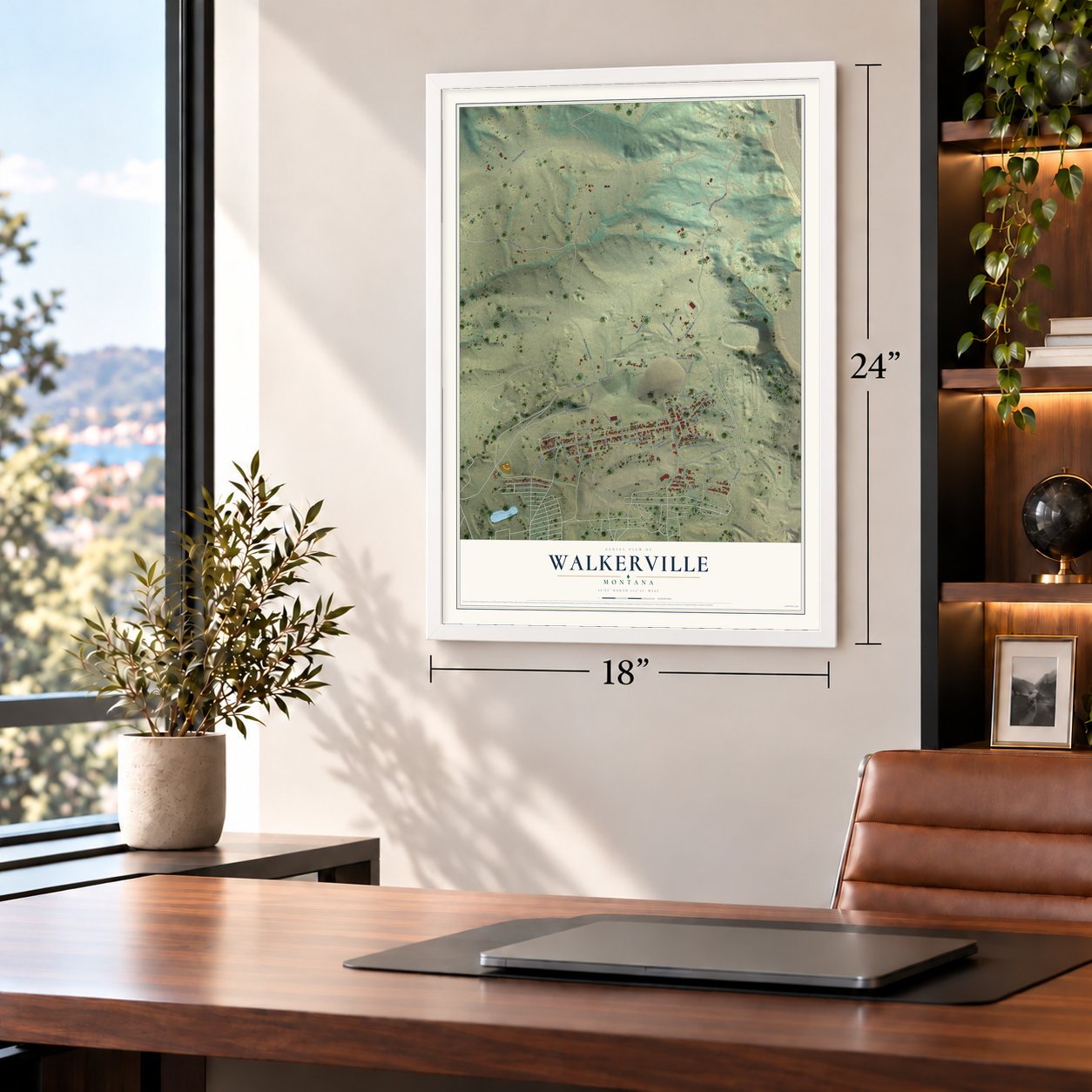Walkerville, Montana map, 18 x 24 inch print in a white frame in a home office