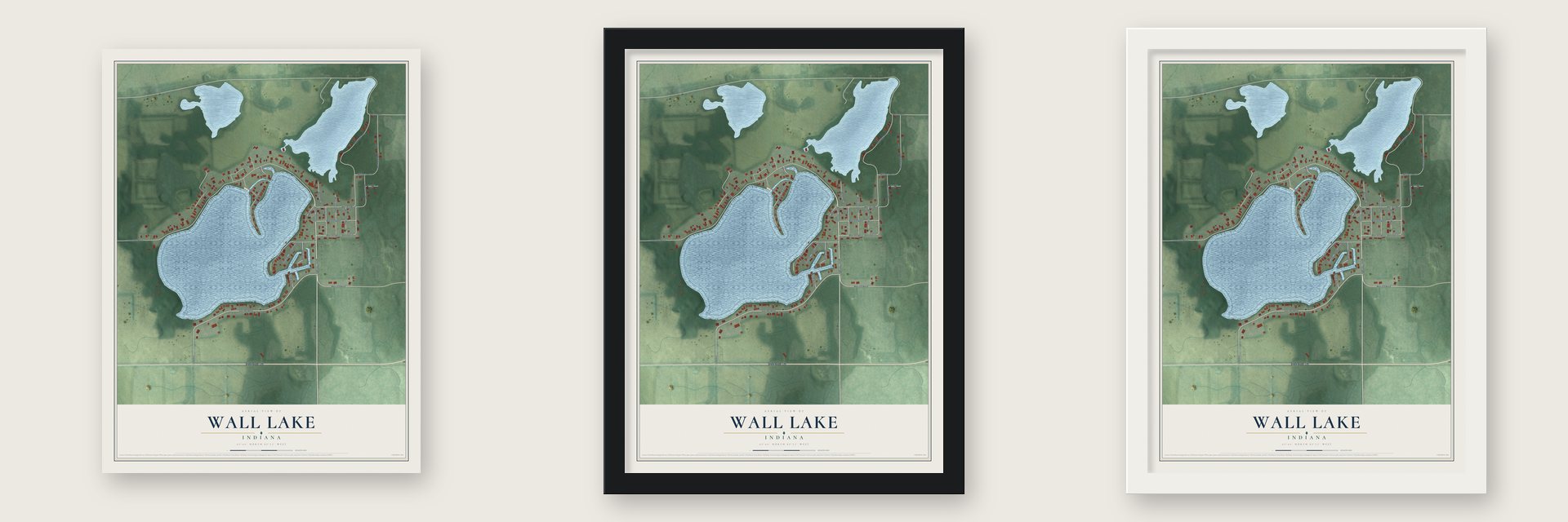 Wall Lake, Indiana map unframed, in a black wood frame and in a white wood frame
