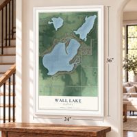 Wall Lake, Indiana map, 24 x 36 inch print in a white frame by a staircase