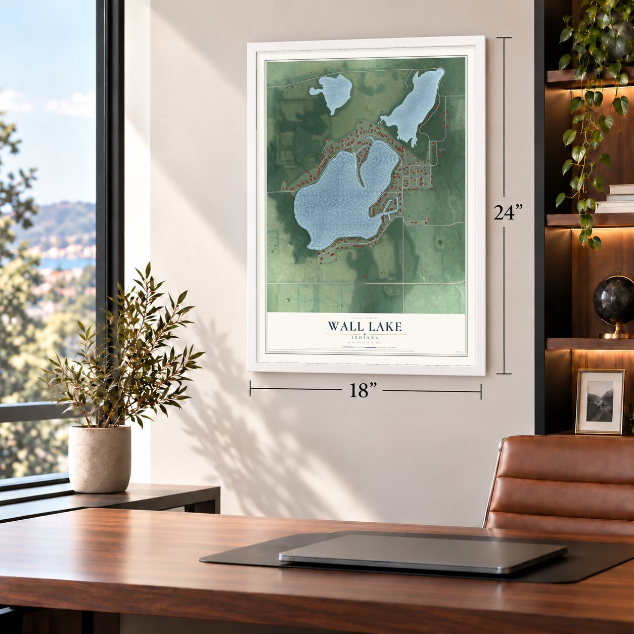 Wall Lake, Indiana map, 18 x 24 inch print in a white frame in a home office