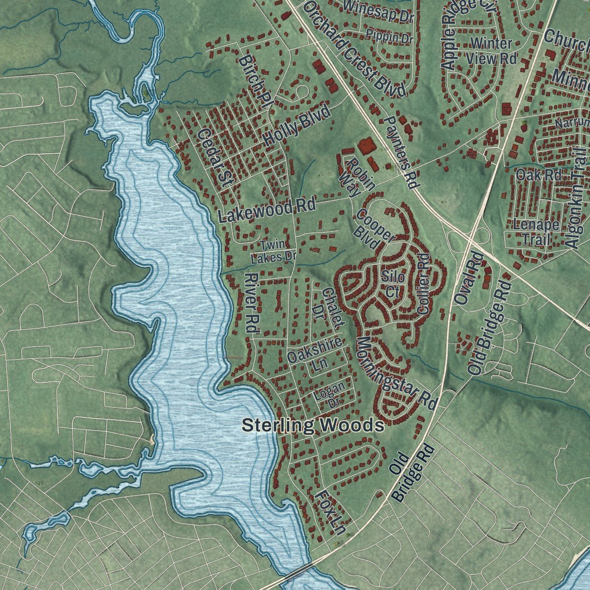 Second close-up of the map of Wall, New Jersey print showing more streets and buildings