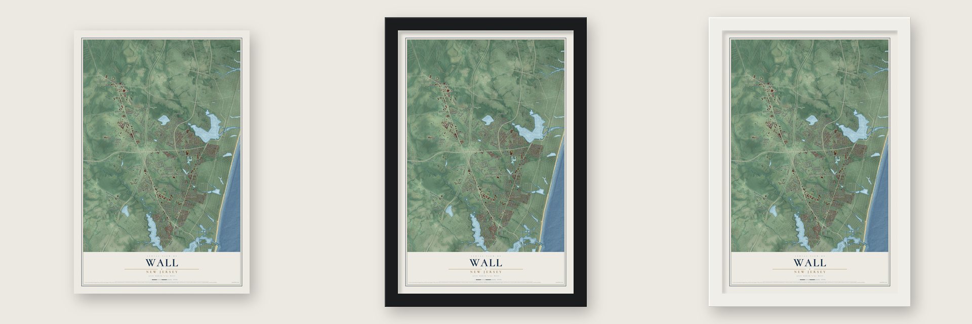 Wall, New Jersey map unframed, in a black wood frame and in a white wood frame