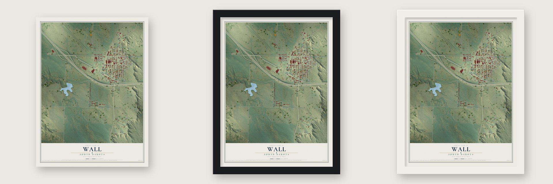 Wall, South Dakota map unframed, in a black wood frame and in a white wood frame