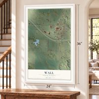 Wall, South Dakota map, 24 x 36 inch print in a white frame by a staircase