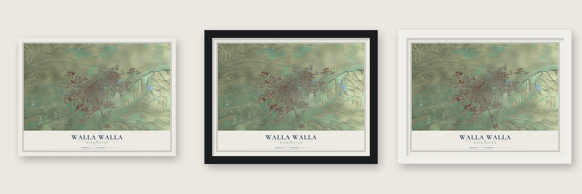 Walla Walla, Washington map unframed, in a black wood frame and in a white wood frame