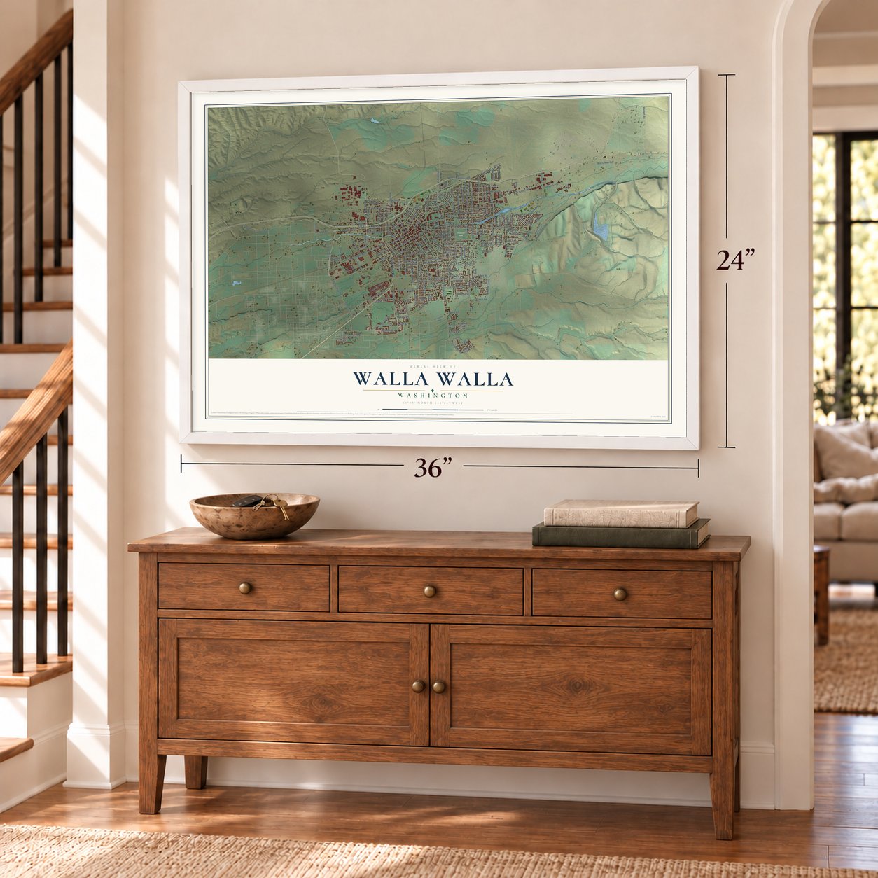 Walla Walla, Washington map, 24 x 36 inch print in a white frame above a dresser by a staircase