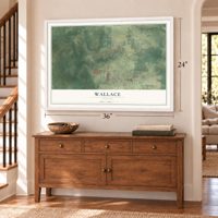 Wallace, Florida map, 24 x 36 inch print in a white frame above a dresser by a staircase