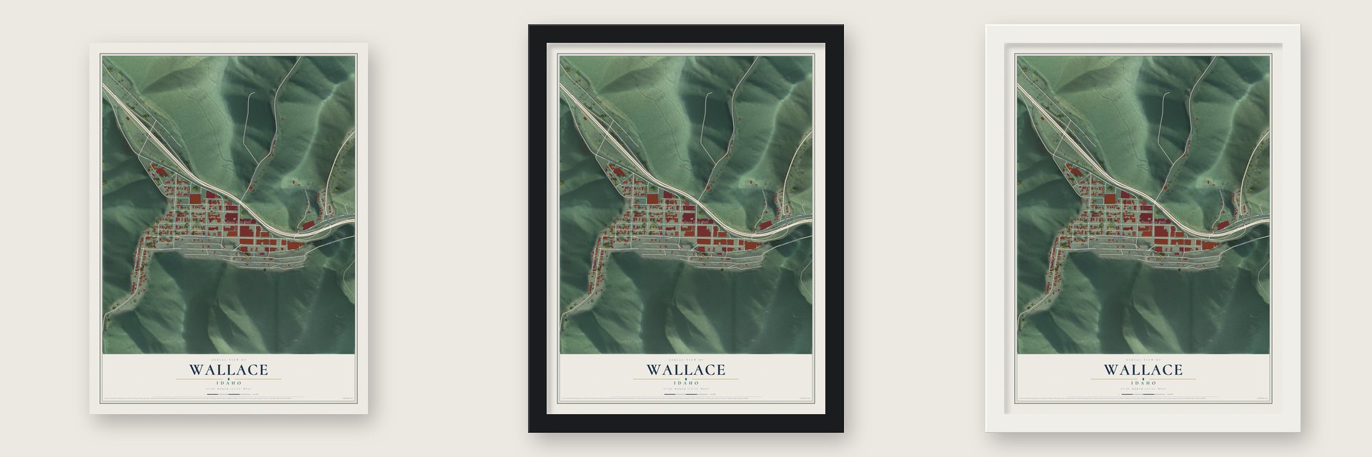 Wallace, Idaho map unframed, in a black wood frame and in a white wood frame