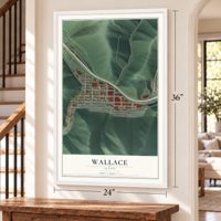 Wallace, Idaho map, 24 x 36 inch print in a white frame by a staircase