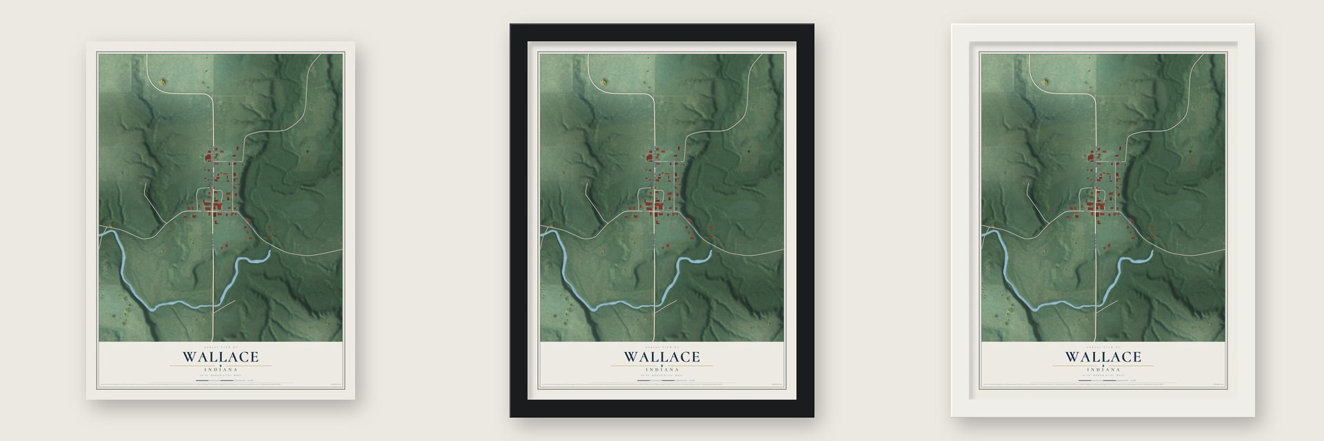 Wallace, Indiana map unframed, in a black wood frame and in a white wood frame